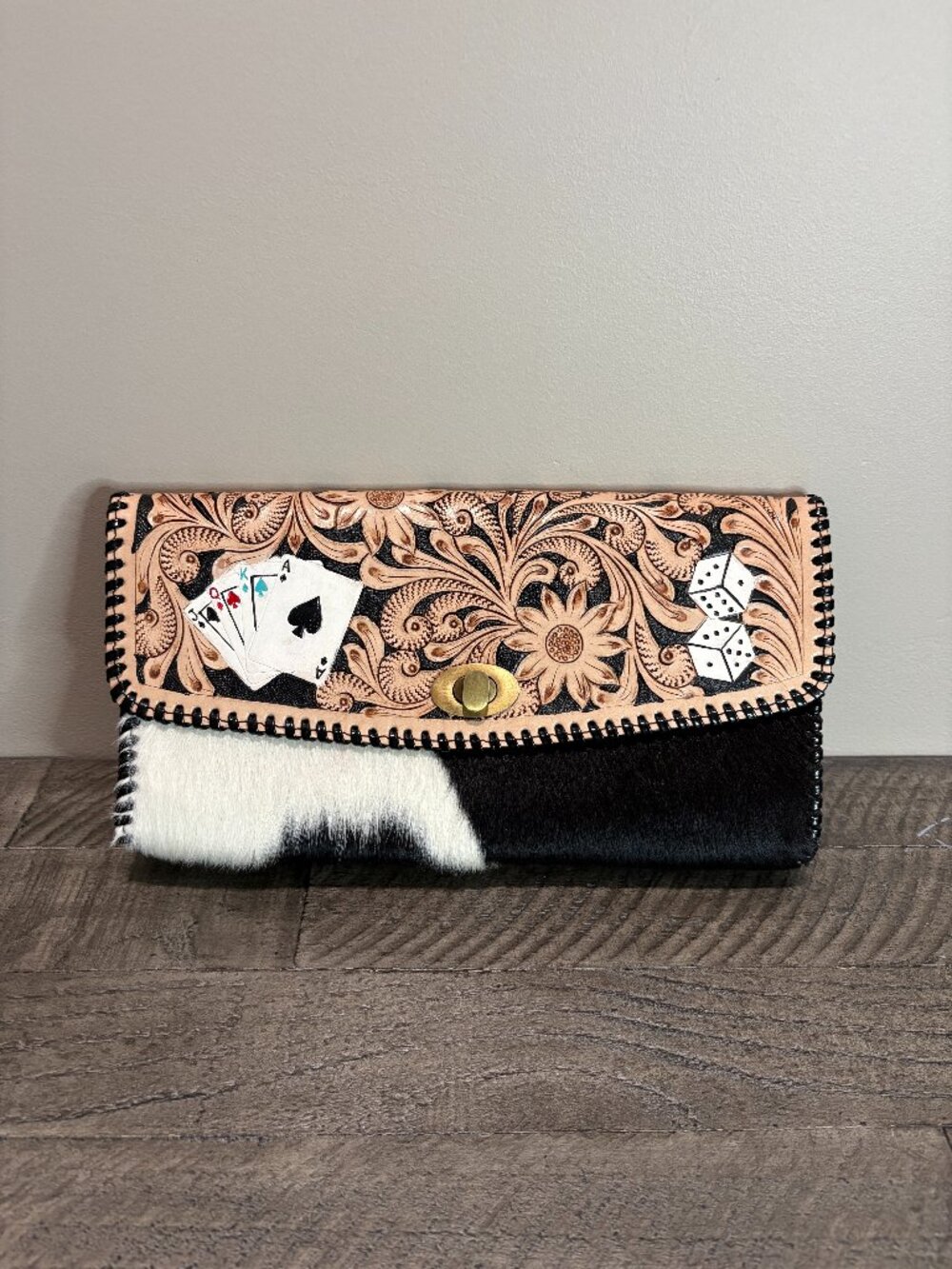 Hand Tooled Leather Cowhide Clutch Hand Painted Playing Cards Dice Western Bag